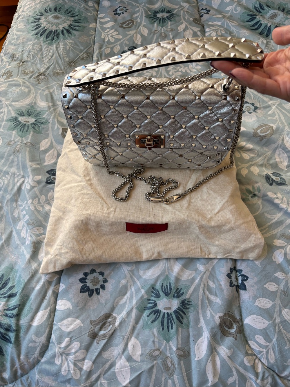 Valentino Silver Metallic Quilted Chain Shoulder Top Handle Crossbody